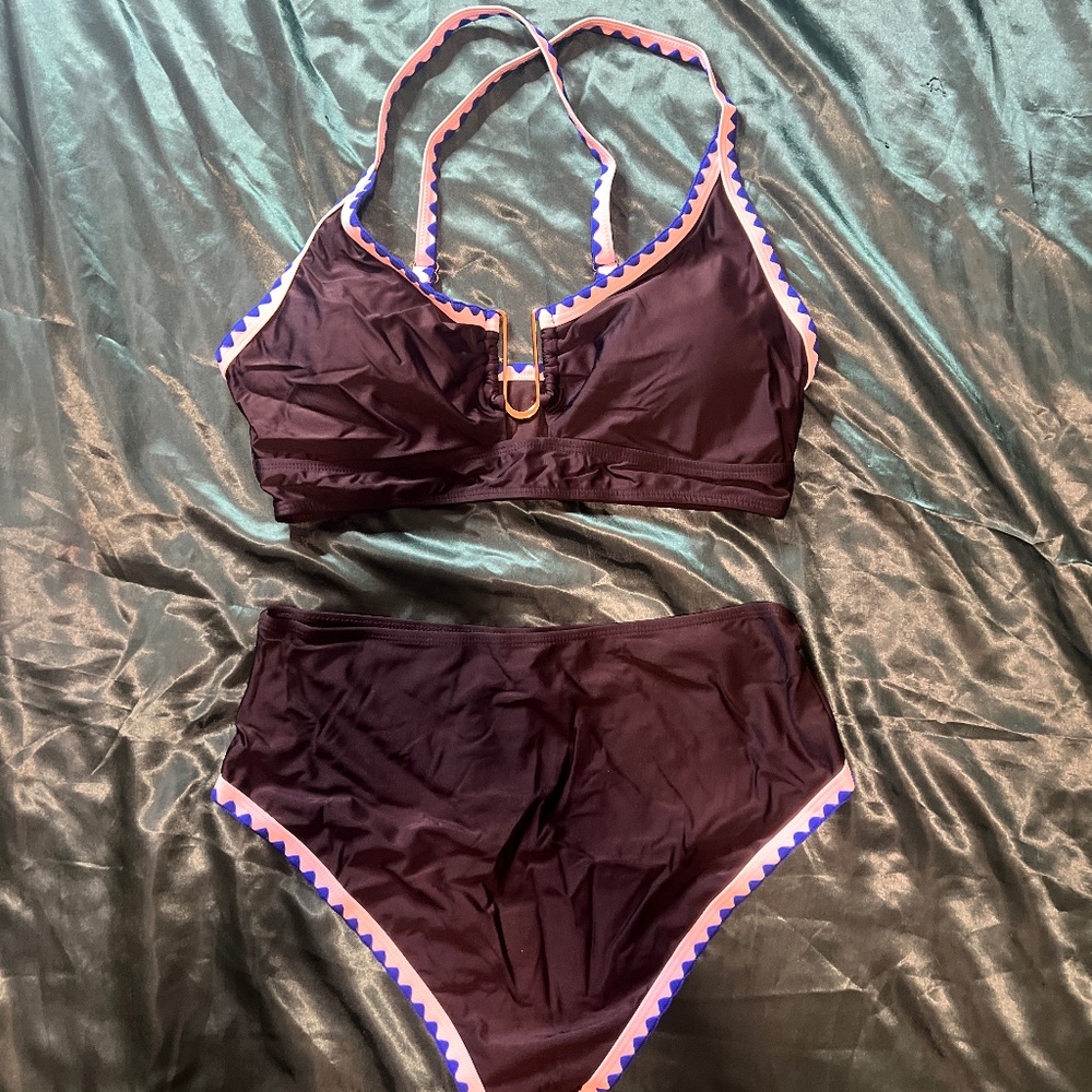 Black and Blue Textured trim High Waisted Textured Bikini Swim Suit